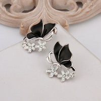 Rose Gold Platinum Plated Black Earrings Zirconia Push Back Butterfly .68" L303