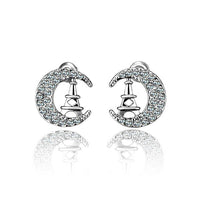 Rose Gold Platinum Plated Earrings Stud AAA Zirconia Push Back Moon .48" L311