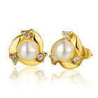 Rose Gold Platinum Plated  Earrings Stud Pearl AAA Zirconia Push Back .4" L260
