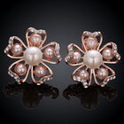 Rose Gold Platinum Plated Earrings Pearl AAA Zirconia Push Back Flower .76" L326