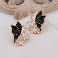 Rose Gold Platinum Plated Black Earrings Zirconia Push Back Butterfly .68" L303
