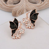 Rose Gold Platinum Plated Black Earrings Zirconia Push Back Butterfly .68" L303