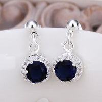 Sterling Silver Plated Blue Earrings Drop Dangle AAA Zirconia Push Back .4" L352