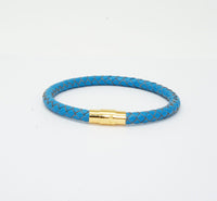 Unisex Men's Genuine  Leather Stainless Steel Magnetic Clasp Bracelet Light Blue