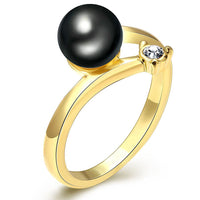 Gold Plated Solitaire Ring Black Glass Pearl For Women B160