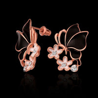 Rose Gold Platinum Plated Black Earrings Zirconia Push Back Butterfly .68" L303