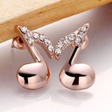 Rose Gold  Plated Earrings Stud AAA Zirconia Push Back Music Note .4" L318