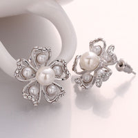 Rose Gold Platinum Plated Earrings Pearl AAA Zirconia Push Back Flower .76" L326