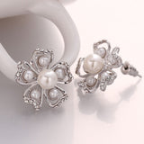 Rose Gold Platinum Plated Earrings Pearl AAA Zirconia Push Back Flower .76" L326