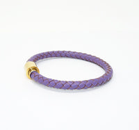 Unisex Men's Genuine  Leather Stainless Steel Magnetic Clasp Bracelet Purple