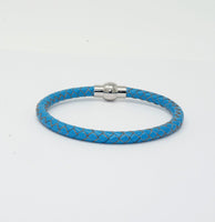 Unisex Men's Genuine  Leather Stainless Steel Magnetic Clasp Bracelet Light Blue