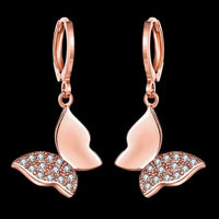 Rose Gold Plated Earrings Drop Dangle AAA Zirconia Leverback Butterfly .6" L231