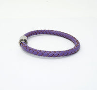 Unisex Men's Genuine  Leather Stainless Steel Magnetic Clasp Bracelet Purple