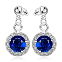 Sterling Silver Plated Blue Earrings Drop Dangle AAA Zirconia Push Back .4" L352