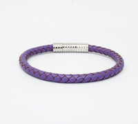 Unisex Men's Genuine  Leather Stainless Steel Magnetic Clasp Bracelet Purple