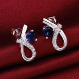 Sterling Silver Plated Blue Earrings Stud AAA Zirconia Push Back  L354