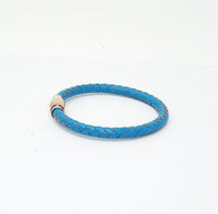 Unisex Men's Genuine  Leather Stainless Steel Magnetic Clasp Bracelet Light Blue