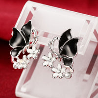 Rose Gold Platinum Plated Black Earrings Zirconia Push Back Butterfly .68" L303