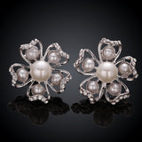 Rose Gold Platinum Plated Earrings Pearl AAA Zirconia Push Back Flower .76" L326