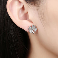Rose Gold Platinum Plated  Earrings Stud AAA Zirconia Push Back Clover .48" L251