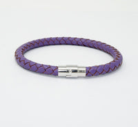 Unisex Men's Genuine  Leather Stainless Steel Magnetic Clasp Bracelet Purple