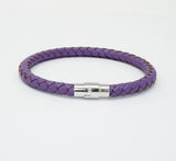 Unisex Men's Genuine  Leather Stainless Steel Magnetic Clasp Bracelet Purple