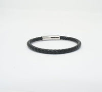 Unisex Genuine Leather Stainless Steel Magnetic Clasp Bracelet Black 8" Inches