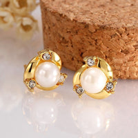 Rose Gold Platinum Plated  Earrings Stud Pearl AAA Zirconia Push Back .4" L260