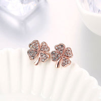 Rose Gold Platinum Plated  Earrings Stud AAA Zirconia Push Back Clover .48" L251