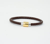 Unisex Men's Genuine Leather Stainless Steel Magnetic Clasp Bracelet Brown