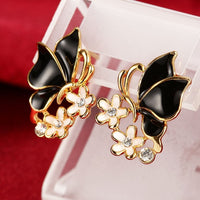 Rose Gold Platinum Plated Black Earrings Zirconia Push Back Butterfly .68" L303