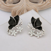 Rose Gold Platinum Plated Black Earrings Zirconia Push Back Butterfly .68" L303