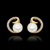 Rose Gold Platinum Plated Earrings Stud Pearl AAA Zirconia Push Back .64" L295