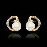 Rose Gold Platinum Plated Earrings Stud Pearl AAA Zirconia Push Back .64" L295