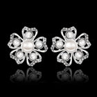 Rose Gold Platinum Plated Earrings Pearl AAA Zirconia Push Back Flower .76" L326