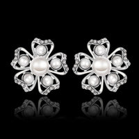 Rose Gold Platinum Plated Earrings Pearl AAA Zirconia Push Back Flower .76" L326