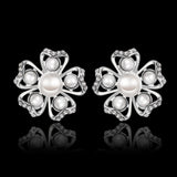 Rose Gold Platinum Plated Earrings Pearl AAA Zirconia Push Back Flower .76" L326