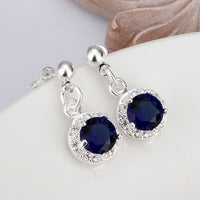 Sterling Silver Plated Blue Earrings Drop Dangle AAA Zirconia Push Back .4" L352