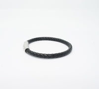 Unisex Genuine Leather Stainless Steel Magnetic Clasp Bracelet Black 8" Inches