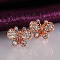 Rose Gold Plated Earrings Stud AAA Zirconia Push Back Butterfly .52" L254