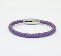 Unisex Men's Genuine  Leather Stainless Steel Magnetic Clasp Bracelet Purple