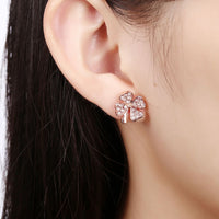 Rose Gold Platinum Plated  Earrings Stud AAA Zirconia Push Back Clover .48" L251