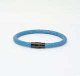 Unisex Men's Genuine  Leather Stainless Steel Magnetic Clasp Bracelet Light Blue