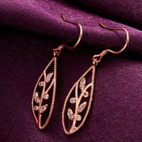 Gold/Rose Gold Plated Earrings Drop Dangle AAA Zirconia FishHook Leaf.4"L227