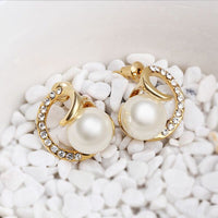 Rose Gold Platinum Plated Earrings Stud Pearl AAA Zirconia Push Back .64" L295