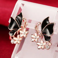 Rose Gold Platinum Plated Black Earrings Zirconia Push Back Butterfly .68" L303