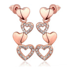 Rose Gold Plated Earrings Dangle AAA Zirconia Push Back Hearts .4" L261