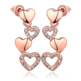 Rose Gold Plated Earrings Dangle AAA Zirconia Push Back Hearts .4" L261