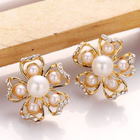 Rose Gold Platinum Plated Earrings Pearl AAA Zirconia Push Back Flower .76" L326