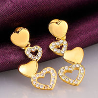 Rose Gold Plated Earrings Dangle AAA Zirconia Push Back Hearts .4" L261